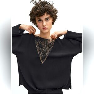 Massimo Dutti Women Beaded Lace Drop Shoulder Slits Black Size S Beautiful